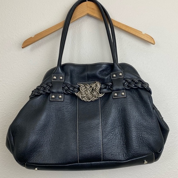 Aqua Madonna Black Leather Shoulder Bag Purse with Braid embellishment - Picture 1 of 5